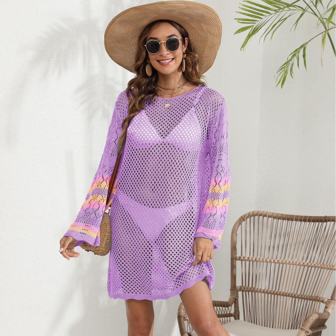 Women Beach Vacation Blouse Women's Clothing Color Contrast Patchwork Bikini Cover up Dress Bella Mia